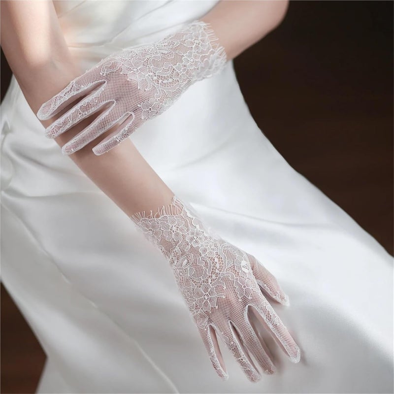 Elegant Handmade Short White Bridal Gloves with Eyelash Lace for Weddings, Proms & Pageants - Image 3