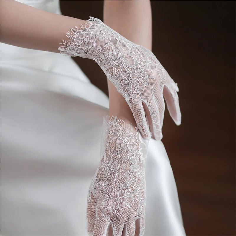 Elegant Handmade Short White Bridal Gloves with Eyelash Lace for Weddings, Proms & Pageants - Image 5