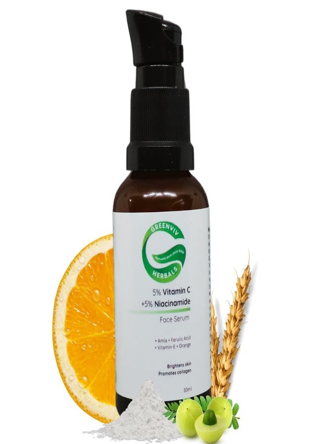 Greenviv 5% Vitamin C + 5% Niacinamide Brightening Face Serum | with Amla, Ferulic Acid & Vitamin E | Brightens & Evens Skin Tone, Fights Environmental Stressors | 30ml - Image 1