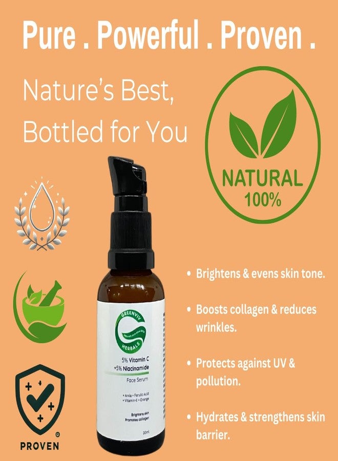 Greenviv 5% Vitamin C + 5% Niacinamide Brightening Face Serum | with Amla, Ferulic Acid & Vitamin E | Brightens & Evens Skin Tone, Fights Environmental Stressors | 30ml - Image 2