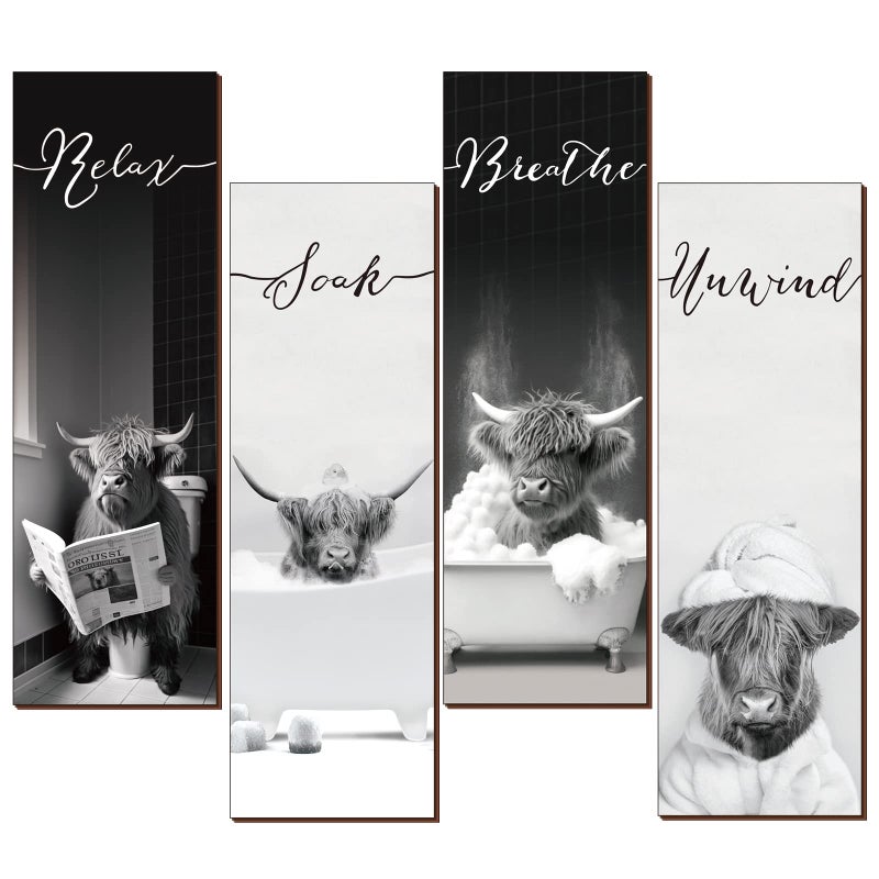 YLOLUL 4 Piece Highland Cow Bathroom Signs - Rustic Farmhouse Decor for Home Laundry Room & Bathroom - Image 1