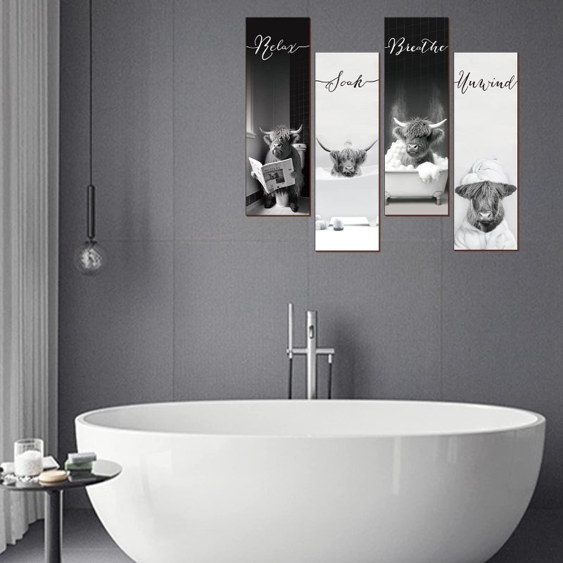 YLOLUL 4 Piece Highland Cow Bathroom Signs - Rustic Farmhouse Decor for Home Laundry Room & Bathroom - Image 3
