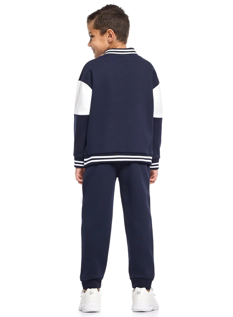 victor and jane Boys Varsity Zip-Neck Fleece Tracksuit - Navy &amp; White with SF Patch