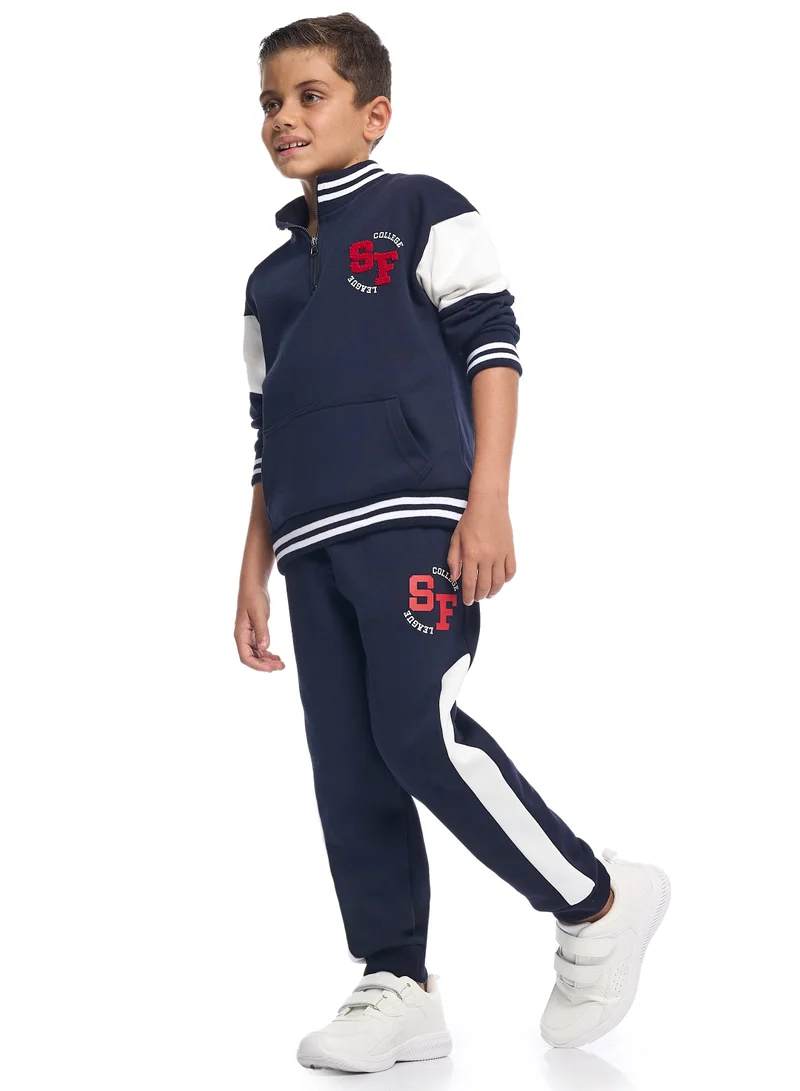 victor and jane Boys Varsity Zip-Neck Fleece Tracksuit - Navy &amp; White with SF Patch