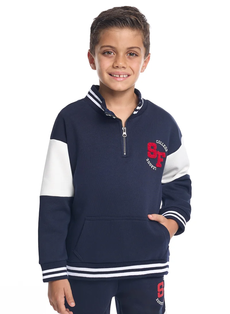 victor and jane Boys Varsity Zip-Neck Fleece Tracksuit - Navy &amp; White with SF Patch