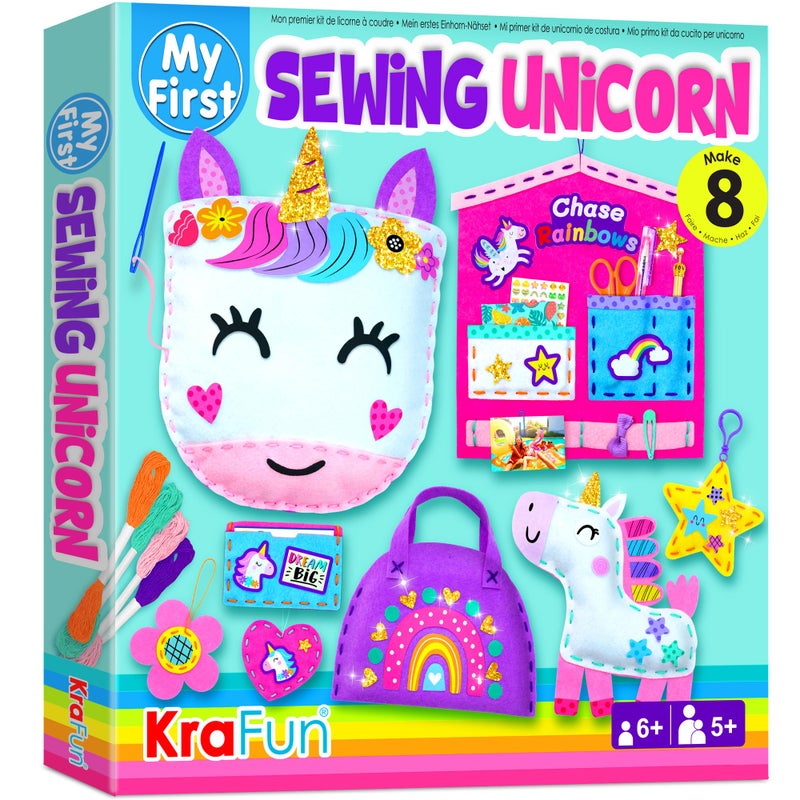 KRAFUN My First Unicorn Kids Sewing kit Beginner Arts  Crafts Make 8 Cute Projects with Plush Stuffed Animal Pillow Mobile Keyring and Bag Instructions  Felt for Learn Sewing Embroidery - Image 2