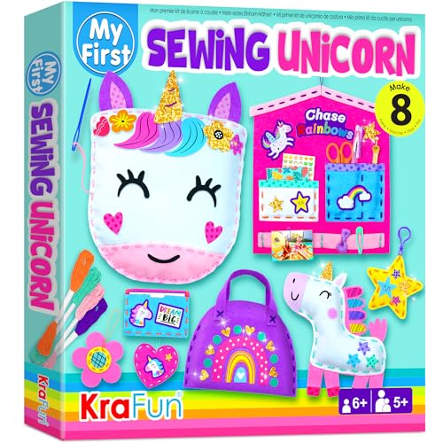 KRAFUN My First Unicorn Kids Sewing kit Beginner Arts  Crafts Make 8 Cute Projects with Plush Stuffed Animal Pillow Mobile Keyring and Bag Instructions  Felt for Learn Sewing Embroidery - Image 1