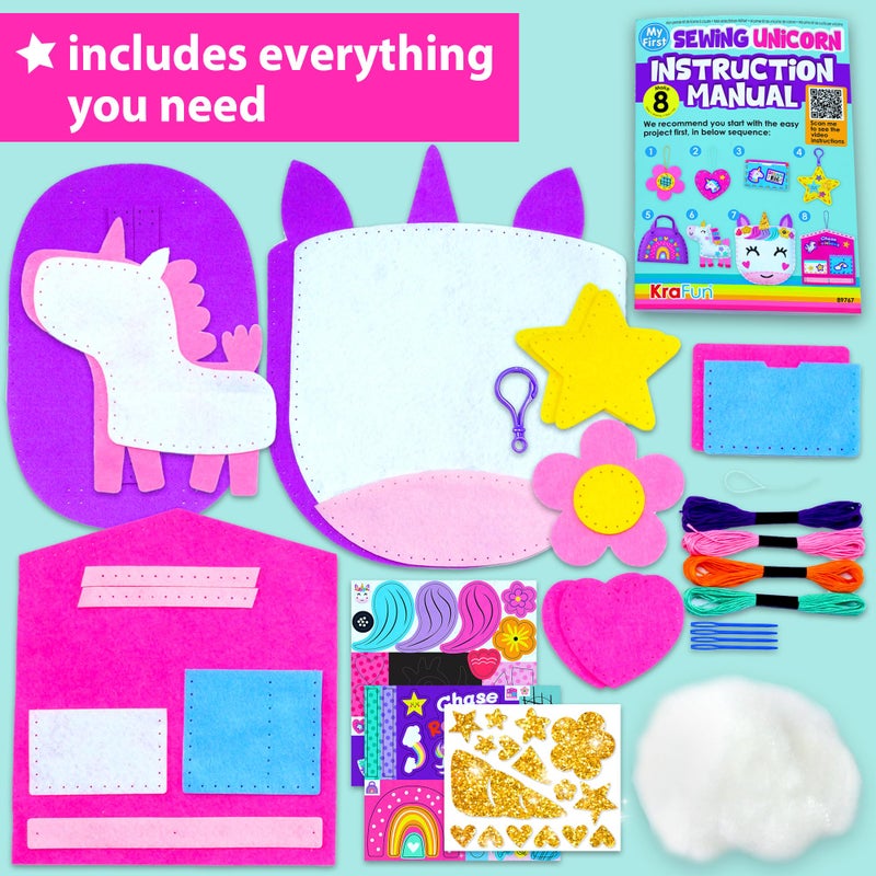 KRAFUN My First Unicorn Kids Sewing kit Beginner Arts  Crafts Make 8 Cute Projects with Plush Stuffed Animal Pillow Mobile Keyring and Bag Instructions  Felt for Learn Sewing Embroidery - Image 3