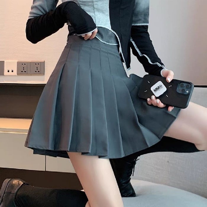 Pleated Skirt A-Line Dress Shirt Jacket T-Shirt Dark gray - Image 1
