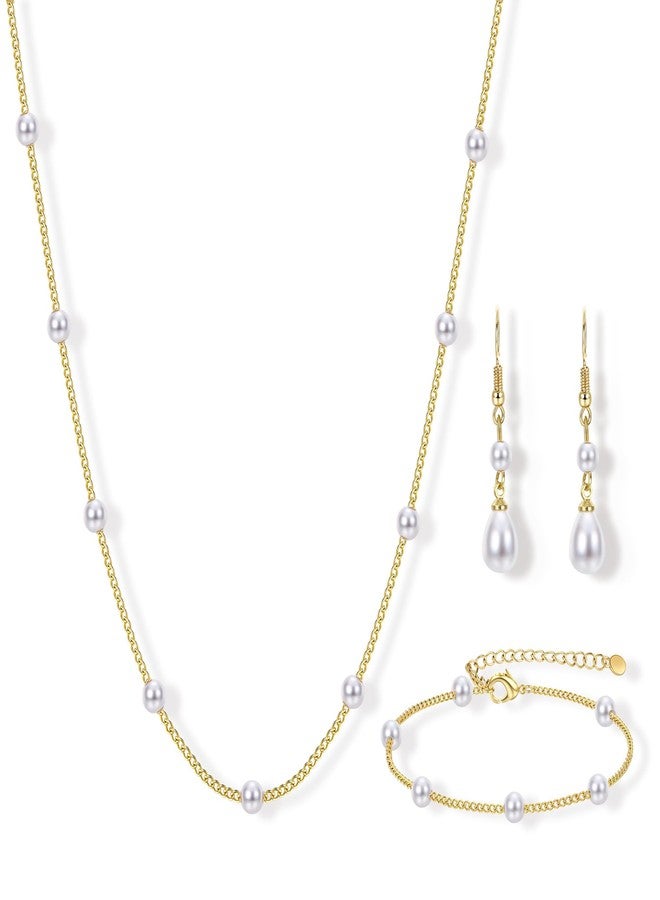 YADOCA Gold Jewelry Set for Women - 16K Gold Plated Pearl Necklace and Earring Set With Drop Earrings,Charm Layered Necklace,Adjustable Bracelets - Dainty Women's Pearl Jewelry Sets For Wedding Gifts - Image 1