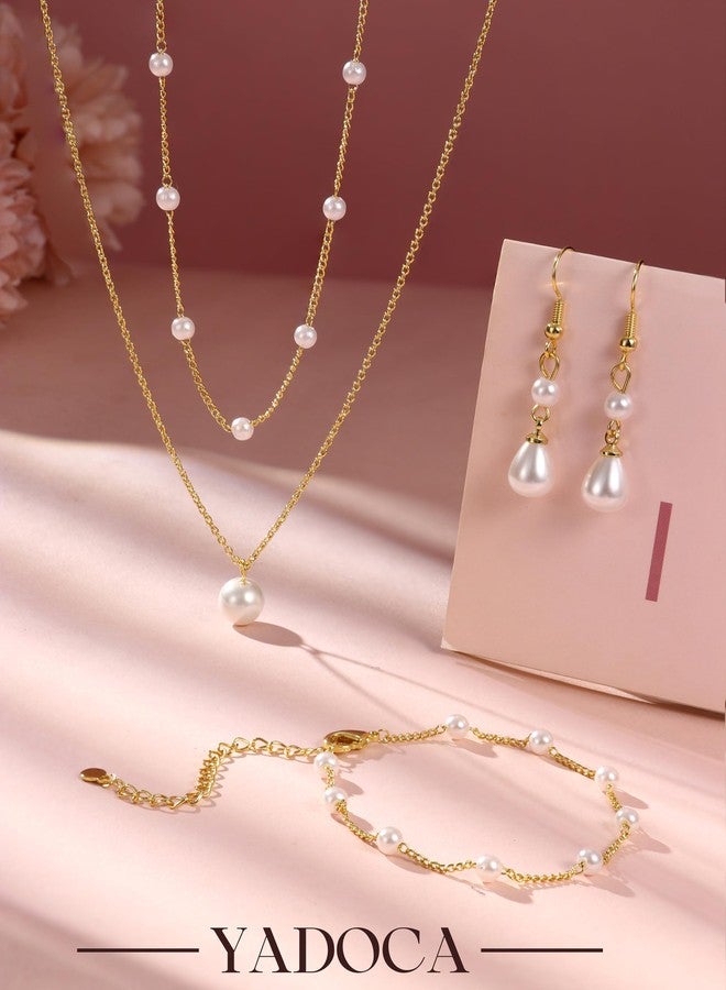 YADOCA Gold Jewelry Set for Women - 16K Gold Plated Pearl Necklace and Earring Set With Drop Earrings,Charm Layered Necklace,Adjustable Bracelets - Dainty Women's Pearl Jewelry Sets For Wedding Gifts - Image 5