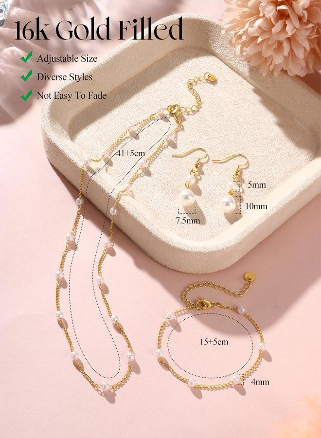 YADOCA Gold Jewelry Set for Women - 16K Gold Plated Pearl Necklace and Earring Set With Drop Earrings,Charm Layered Necklace,Adjustable Bracelets - Dainty Women's Pearl Jewelry Sets For Wedding Gifts - Image 3