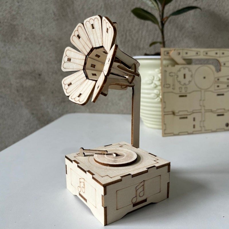 Wooden Phonograph Construction Set STEM Science 3D Puzzle Birthday Christmas Gift - Image 1