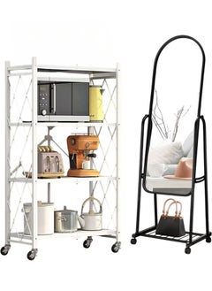 Cady One 2 in 1 Kitchen Storage Rack Set White Iron 4 Shelf with Wheels and Durable Standing Mirror with Adjustable Bracket Detachable Wall Mounted with Wheels  - Image 1