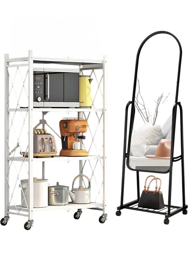 Cady One - 2 in 1 Kitchen Storage Rack Set White Iron 4 Shelf with Wheels and Durable Standing Mirror with Adjustable Bracket Detachable Wall Mounted with Wheels - Image 1