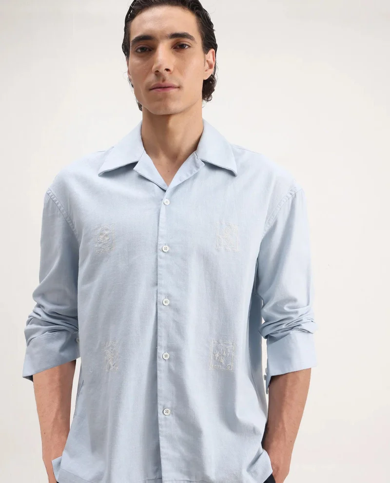 Rare Rabbit Men's Floral Embroidered Cuban Collar Shirt