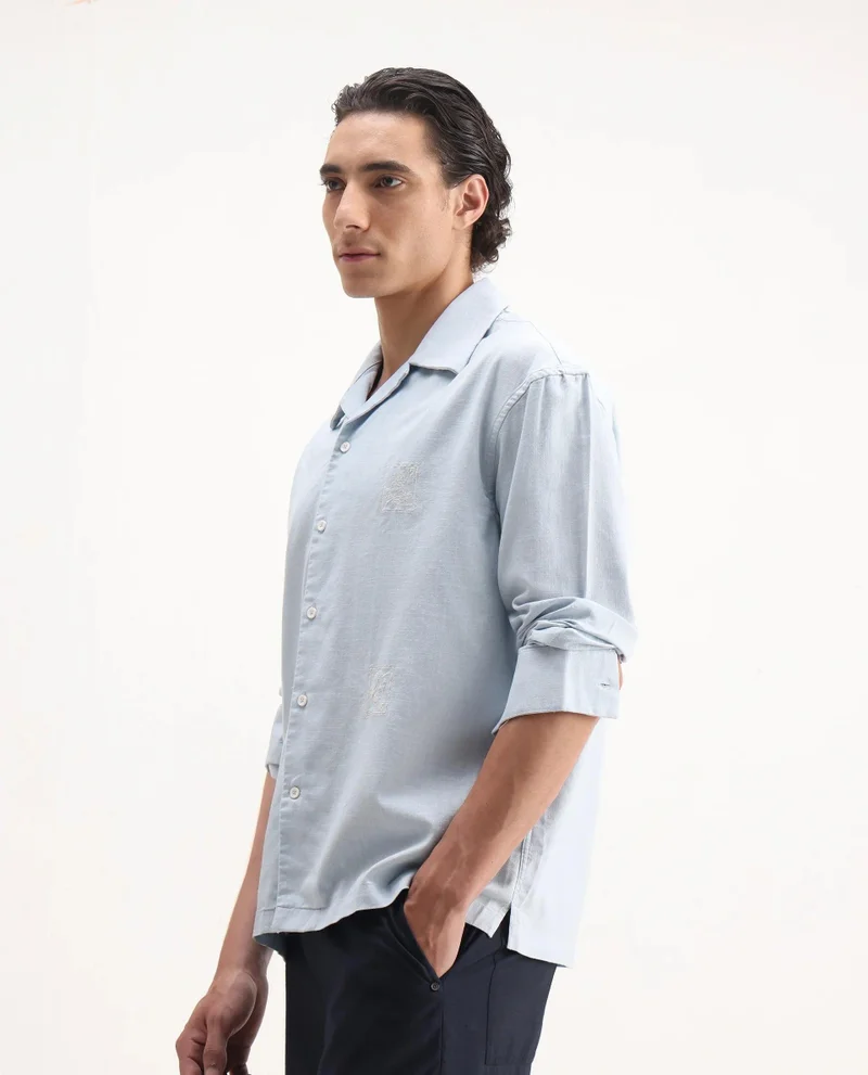 Rare Rabbit Men's Floral Embroidered Cuban Collar Shirt