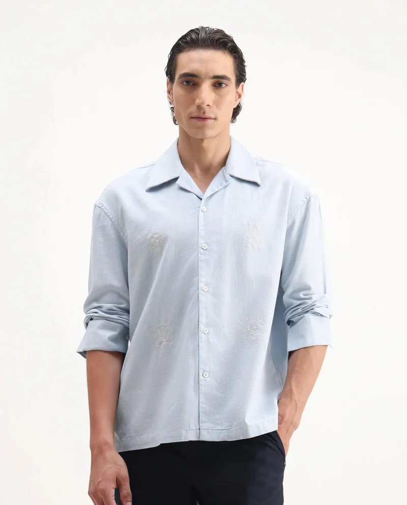 Rare Rabbit Men's Floral Embroidered Cuban Collar Shirt