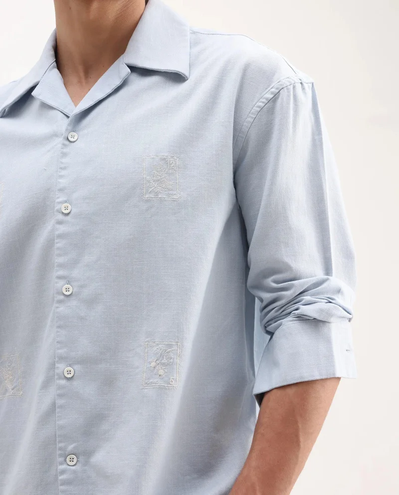 Rare Rabbit Men's Floral Embroidered Cuban Collar Shirt