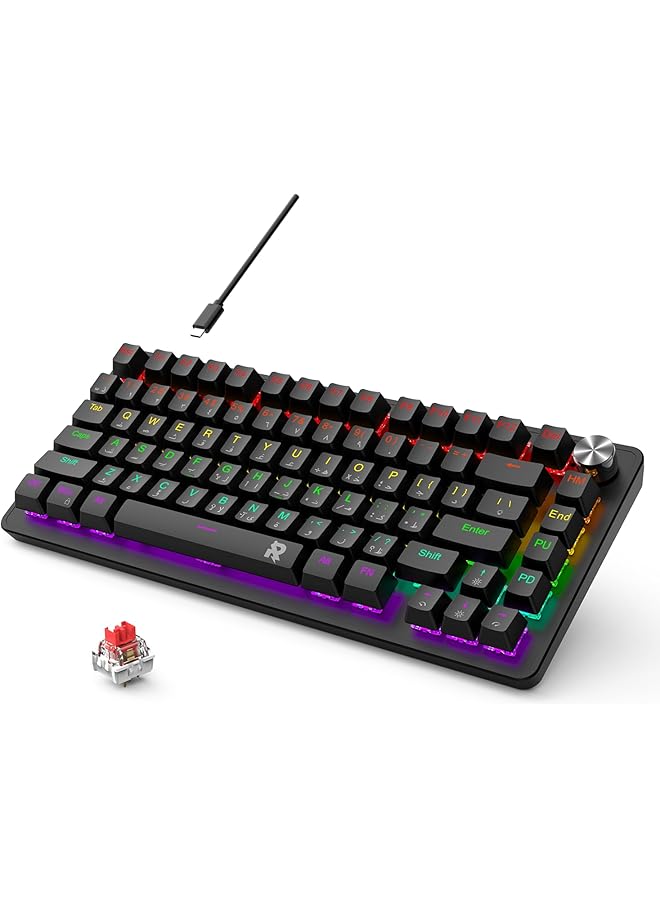 Rock Pow 70% Gaming Keyboard Arabic English 82 Keys Mechanical Keyboard With Rgb Backlit 19 Modes Volume Lighting Knob Wired Mini Pbt Keycaps For Pc Gaming And Working (Red Switch) Black - Image 1
