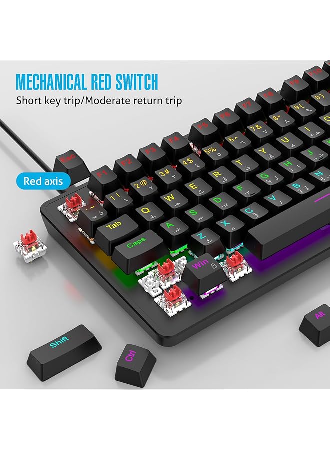 Rock Pow 70% Gaming Keyboard Arabic English 82 Keys Mechanical Keyboard With Rgb Backlit 19 Modes Volume Lighting Knob Wired Mini Pbt Keycaps For Pc Gaming And Working (Red Switch) Black - Image 2