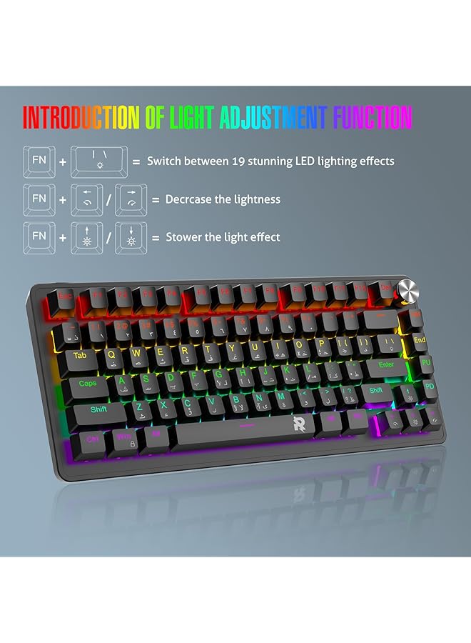 Rock Pow 70% Gaming Keyboard Arabic English 82 Keys Mechanical Keyboard With Rgb Backlit 19 Modes Volume Lighting Knob Wired Mini Pbt Keycaps For Pc Gaming And Working (Red Switch) Black - Image 4