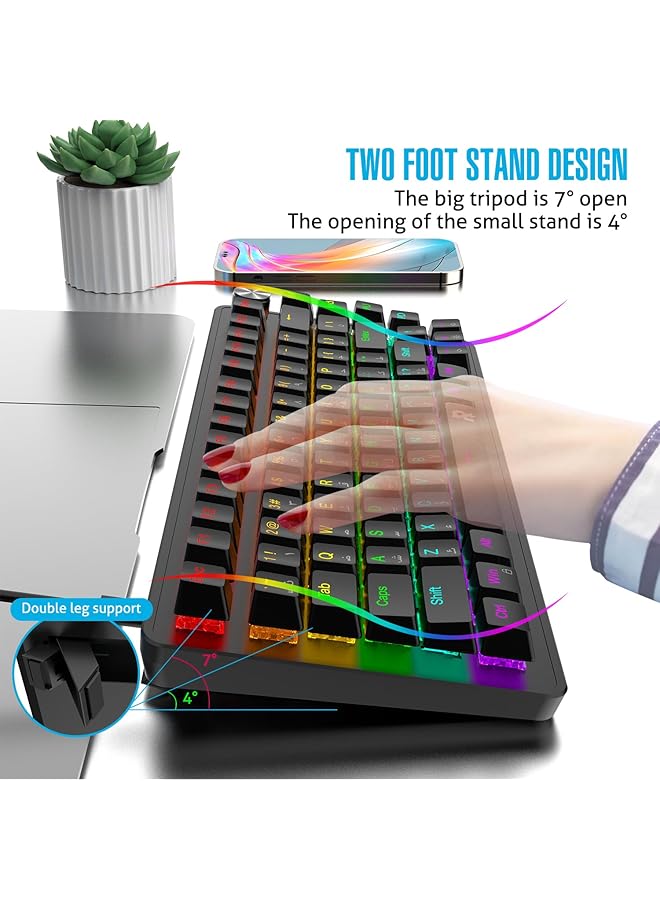 Rock Pow 70% Gaming Keyboard Arabic English 82 Keys Mechanical Keyboard With Rgb Backlit 19 Modes Volume Lighting Knob Wired Mini Pbt Keycaps For Pc Gaming And Working (Red Switch) Black - Image 5