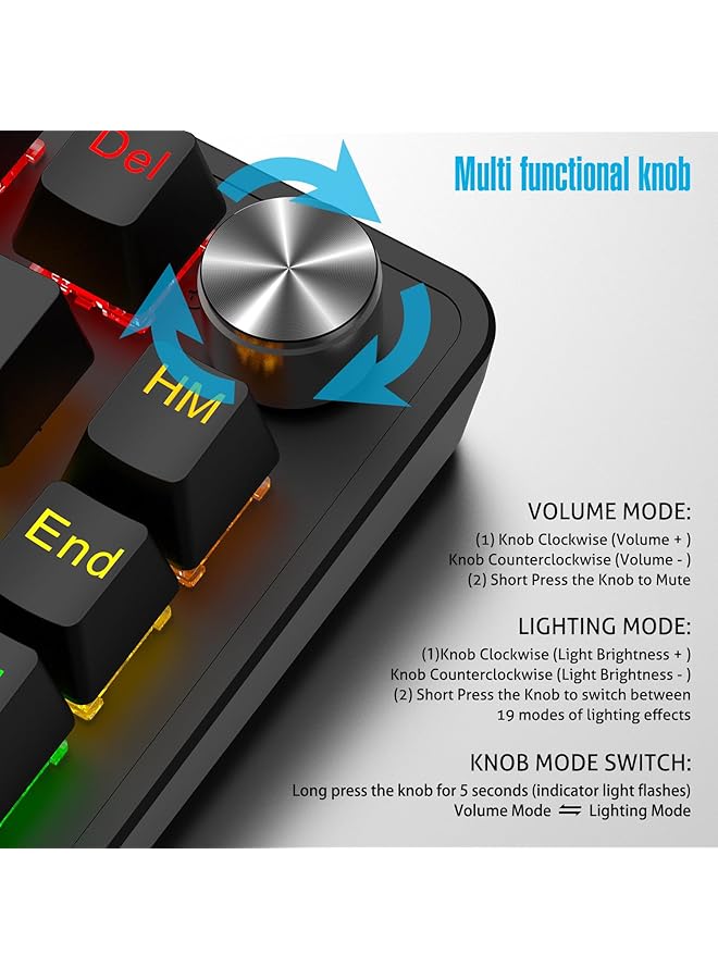 Rock Pow 70% Gaming Keyboard Arabic English 82 Keys Mechanical Keyboard With Rgb Backlit 19 Modes Volume Lighting Knob Wired Mini Pbt Keycaps For Pc Gaming And Working (Red Switch) Black - Image 3