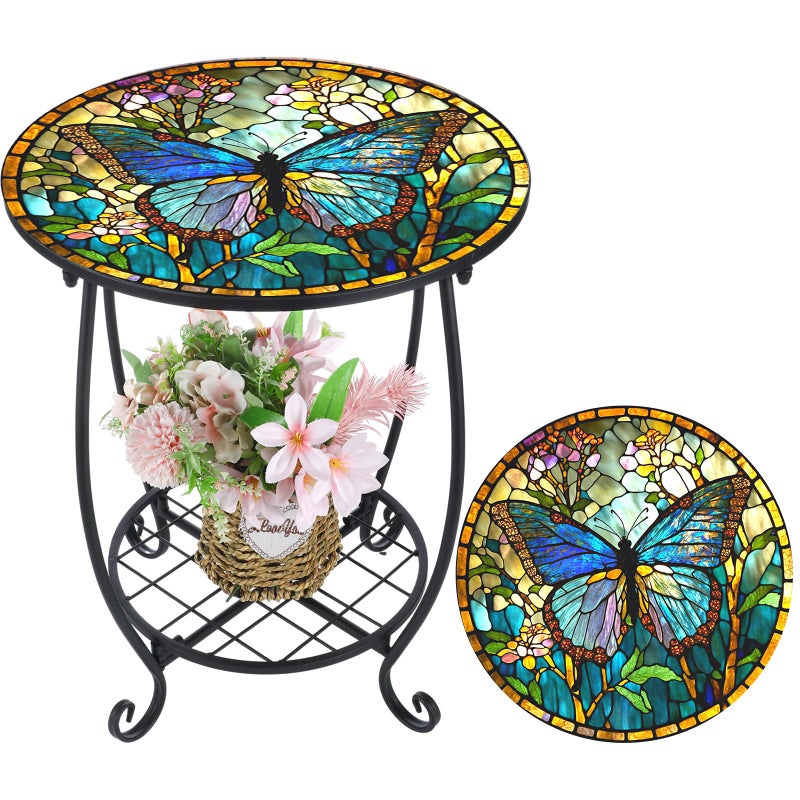 Cinnvoice Outdoor Side Table Round Small Mosaic Patio Accent Indoor End Plant Coffee Tea Table for Yard Patio Porch Garden Living Room, Bedroom(Tree of Life Style,18 Inch) - Image 1