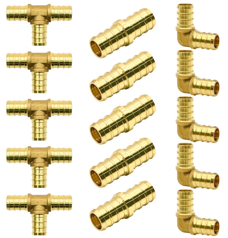 Ruby Q 15pcs 1/2" PEX Fittings, Elbow TEE Straight Couplings Set, PEX Brass Crimp Fitting Combo with Tees, Elbows, Straights - Image 1