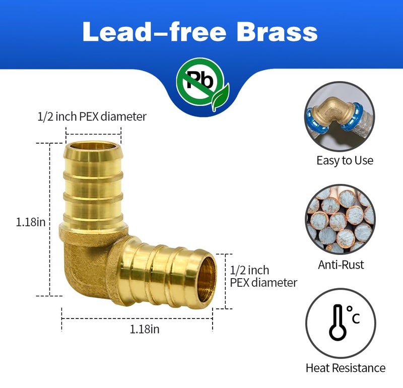Ruby Q 15pcs 1/2" PEX Fittings, Elbow TEE Straight Couplings Set, PEX Brass Crimp Fitting Combo with Tees, Elbows, Straights - Image 2