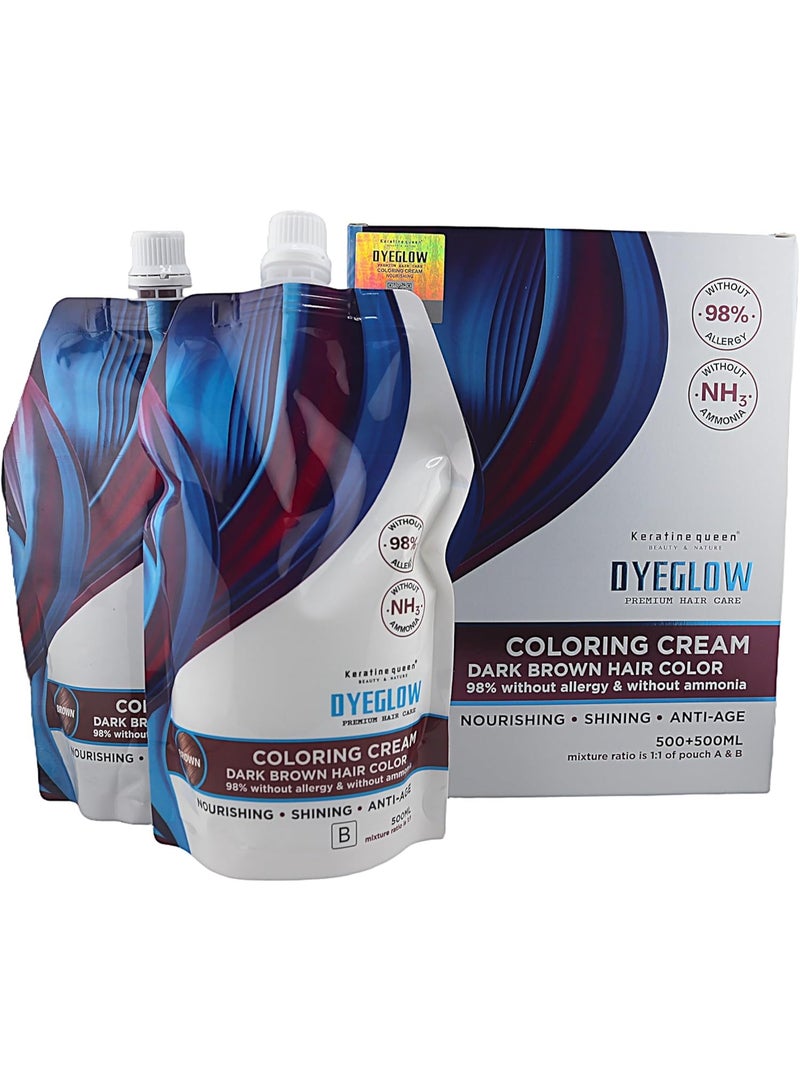 Keratine Queen Dyeglow Dark Brown Hair Coloring Cream, Ammonia-Free, 98% Allergy-Free, Nourishing & Shining, 500ml + 500ml