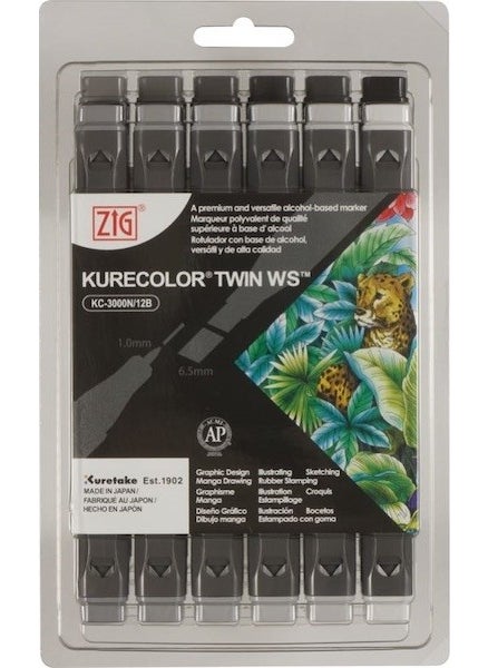 Zig Kurecolor Twin S Double Tip Marker Pen Set 12 Colors Cool Gray Colors 