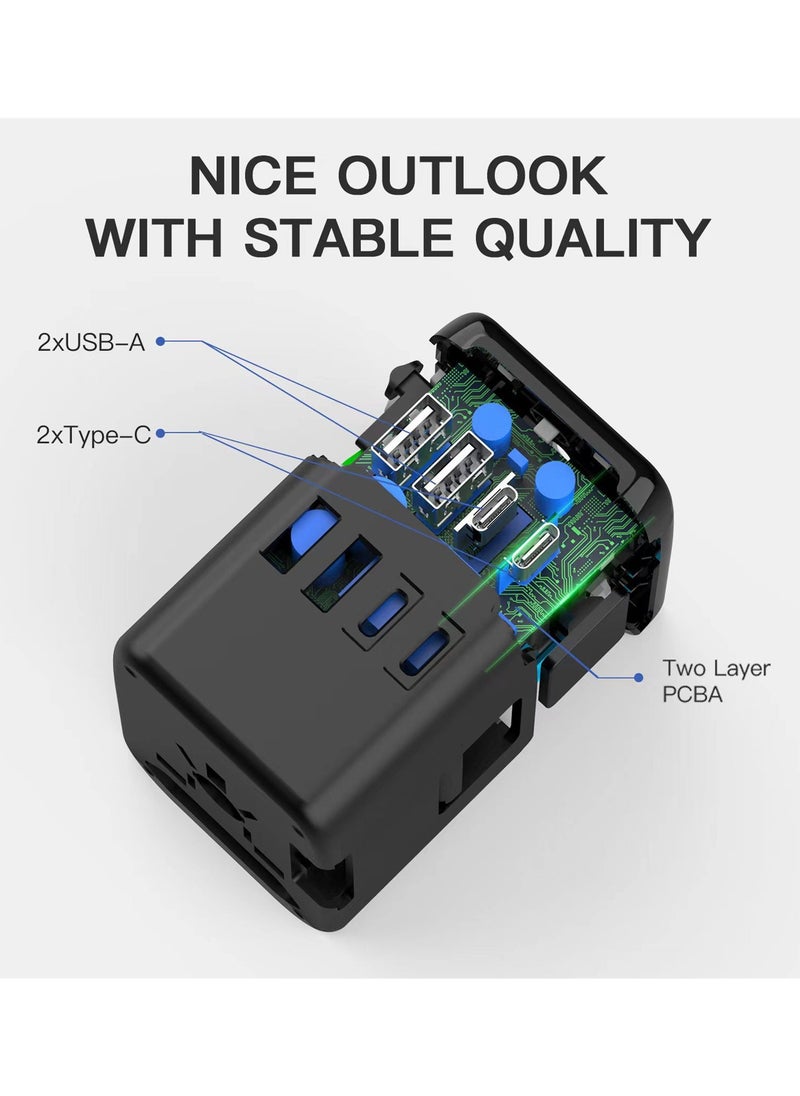 KADRAMA Universal International Power Travel Plug Adapter, 5 in 1 European Travel Plug Adapter W/ 3.5A 2xUSB-A and 2xUSB C Wall Charger and Worldwide AC Outlet for Europe USA UK AUS Asia (Black)  - Image 4