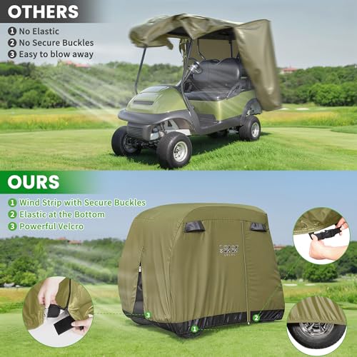 10L0L Golf Cart Cover 2/4/4+2 Passenger for Yamaha EZGO Club Car, Heavy Duty 420D Waterproof Windproof Durable Polyester Golf Cart Cover with 3 Zipper Doors for All-Weather Protection - Army Green - Image 3