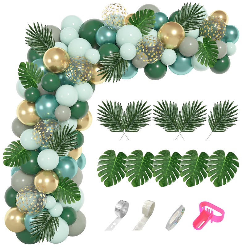 Amandir 151Pcs Jungle Safari Balloon Garland Kit, Metallic Green Gold Tropical Balloons Arch Artificial Palm Leaves for Animal Dinosaur Two Wild One Birthday Decoration - Image 1