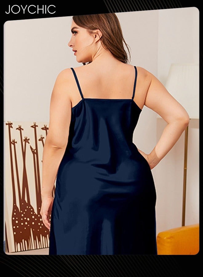 Joychic روب نوم نسائي لفصل الربيع والصيف بلون موحد، فستان نوم بياقة متأرجحة، ملابس نوم حمالة للنساء، فضفاض ومريح، فستان ليلي منزلي باللون الأزرق الداكن - Image 2