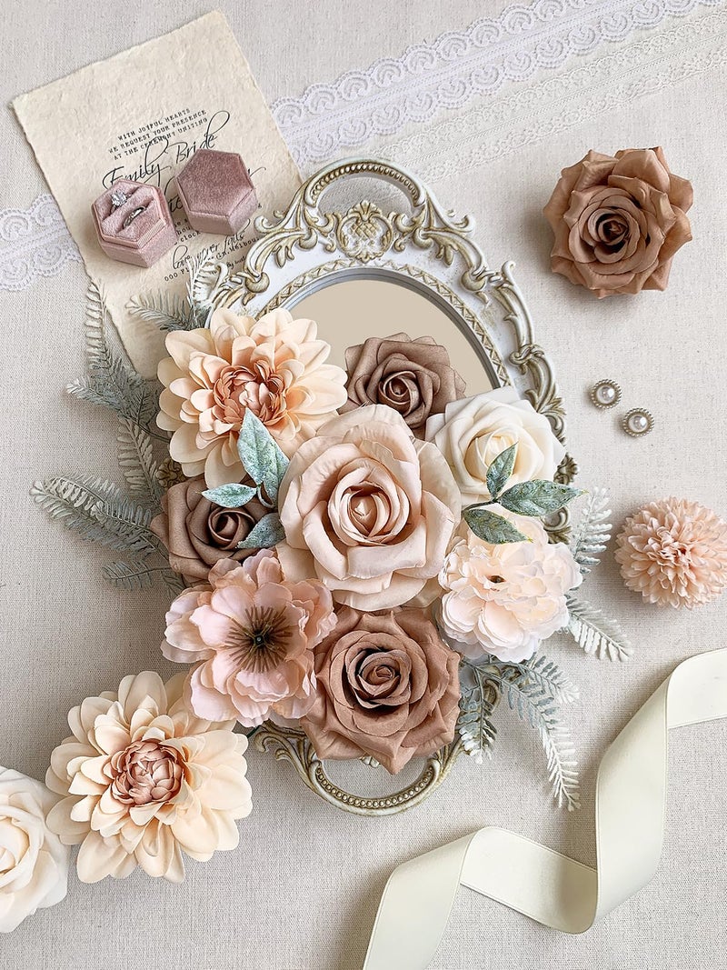 FACINOC Roses Artificial Flowers Nude Fake Flower for DIY Wedding Bouquet Bridal Baby Shower Decorations Party Table Centerpieces Cake Decorating Silk Floral Arrangement Home Decor Indoor Beige - Image 3
