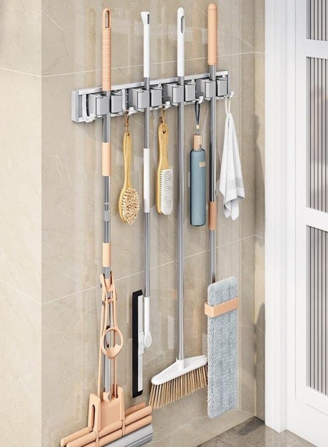 STAR WORK Heavy-Duty Space Aluminum Wall Mop & Broom Holder, Waterproof Organizer with Dual Non-Slip Grips and Utility Hooks, No-Drill Adhesive Mount for Kitchen, Bathroom. (4 MOP HOLDER 5 HOOKS) - Image 1