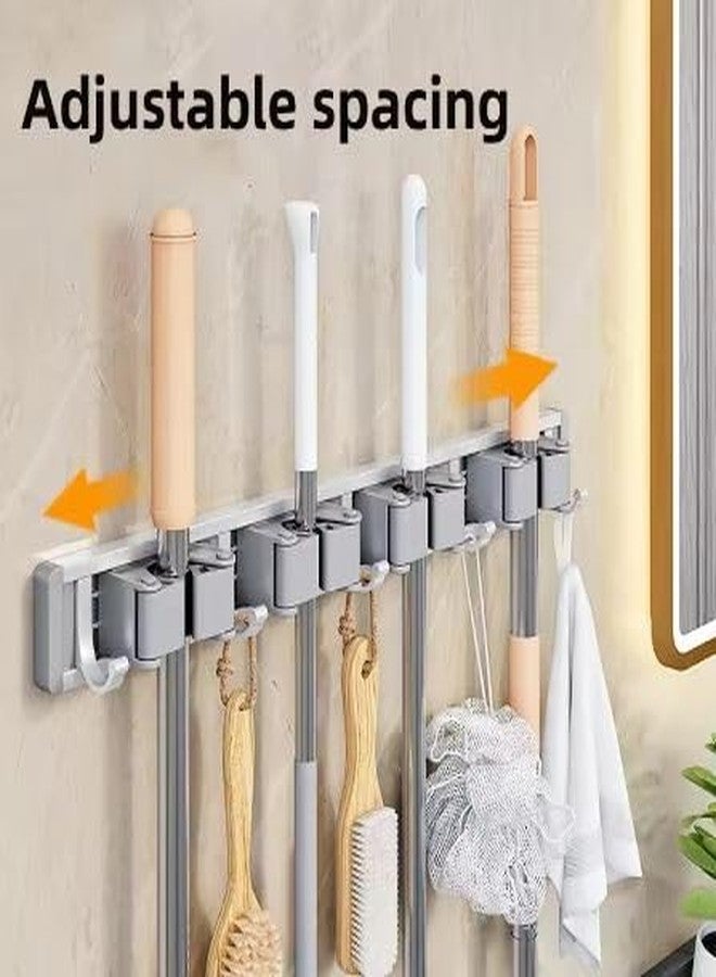STAR WORK Heavy-Duty Space Aluminum Wall Mop & Broom Holder, Waterproof Organizer with Dual Non-Slip Grips and Utility Hooks, No-Drill Adhesive Mount for Kitchen, Bathroom. (4 MOP HOLDER 5 HOOKS) - Image 5