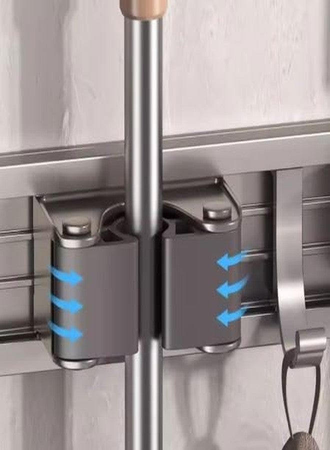 STAR WORK Heavy-Duty Space Aluminum Wall Mop & Broom Holder, Waterproof Organizer with Dual Non-Slip Grips and Utility Hooks, No-Drill Adhesive Mount for Kitchen, Bathroom. (4 MOP HOLDER 5 HOOKS) - Image 3