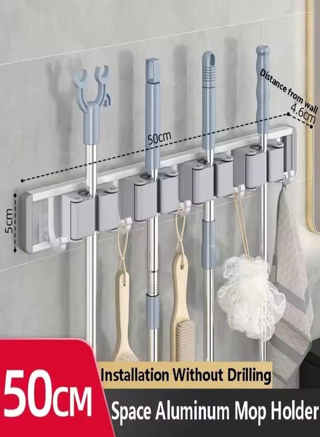 STAR WORK Heavy-Duty Space Aluminum Wall Mop & Broom Holder, Waterproof Organizer with Dual Non-Slip Grips and Utility Hooks, No-Drill Adhesive Mount for Kitchen, Bathroom. (4 MOP HOLDER 5 HOOKS) - Image 2