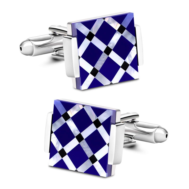 VIILOCK Business Wedding Mother of Pearl Cufflinks for Men Unique Onyx Stripe Tuxedo Cuff links Mens (Cross Pattern) - Image 1