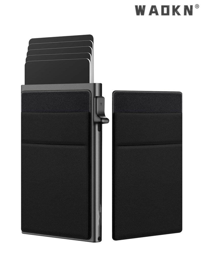 WAOKN Trendy Black Minimalist Card Protector with Integrated RFID Blocking Technology, Ultra-Thin Metal Material, Convenient Pop-Up Design, With Money Pocket and Credit Card Slots - Image 1