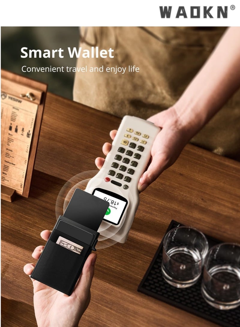 WAOKN Trendy Black Minimalist Card Protector with Integrated RFID Blocking Technology, Ultra-Thin Metal Material, Convenient Pop-Up Design, With Money Pocket and Credit Card Slots - Image 3