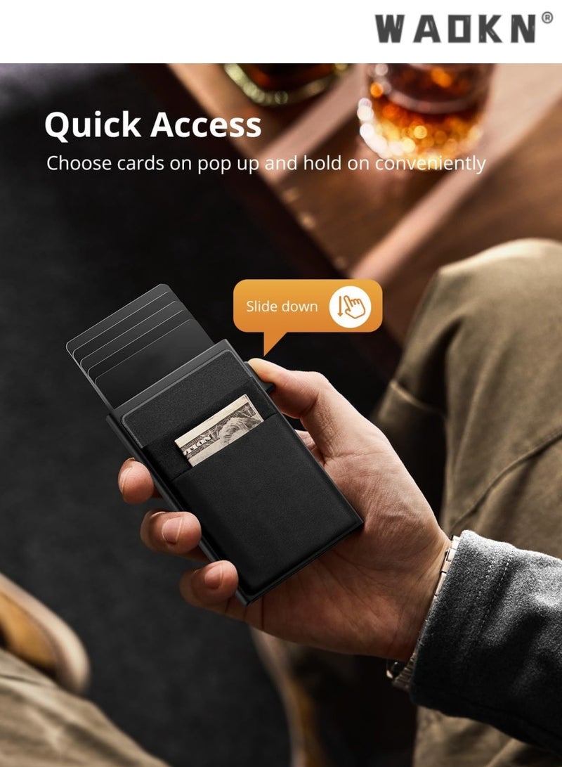 WAOKN Trendy Black Minimalist Card Protector with Integrated RFID Blocking Technology, Ultra-Thin Metal Material, Convenient Pop-Up Design, With Money Pocket and Credit Card Slots - Image 2
