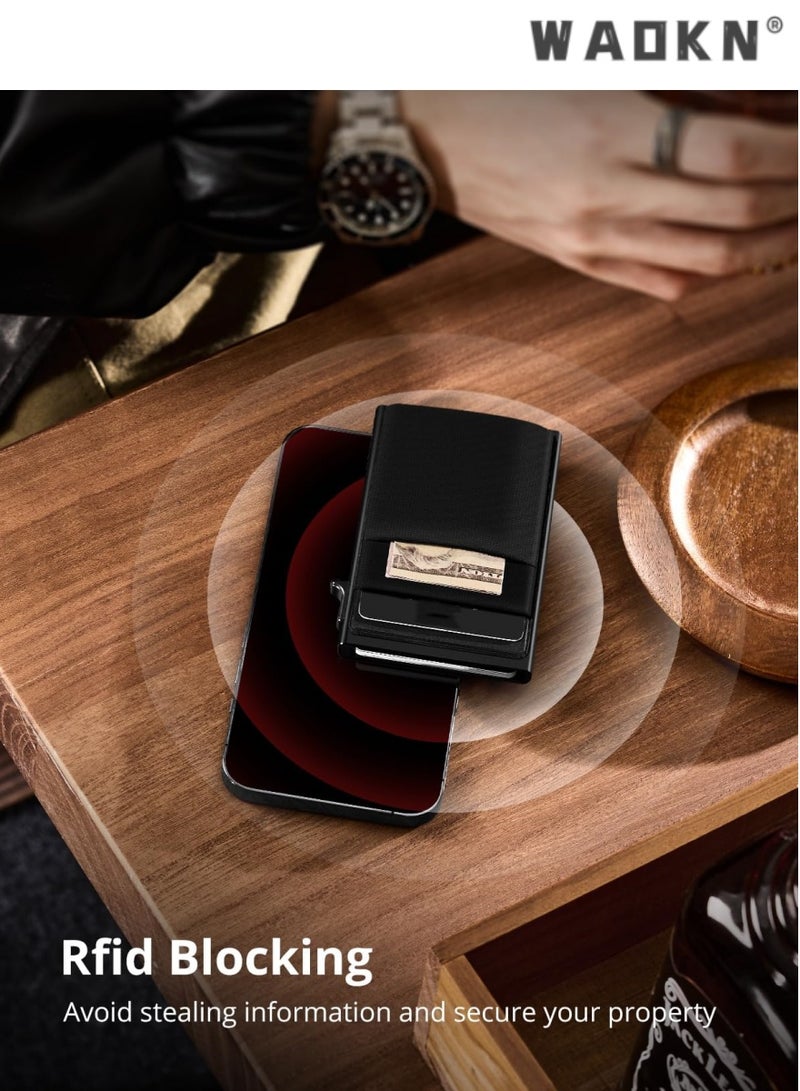 WAOKN Trendy Black Minimalist Card Protector with Integrated RFID Blocking Technology, Ultra-Thin Metal Material, Convenient Pop-Up Design, With Money Pocket and Credit Card Slots - Image 4