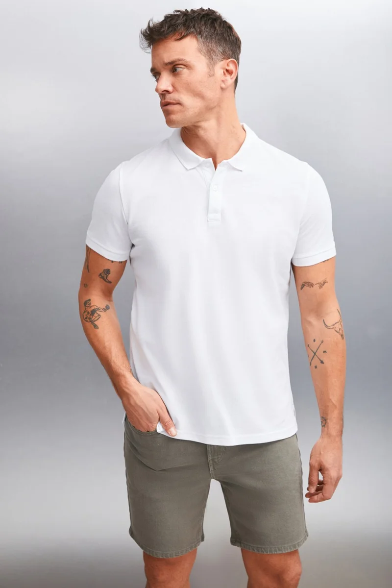 GRIMELANGE Foret Men's 100% Cotton Short Sleeve Regular Fit White Polo Neck T-Shirt