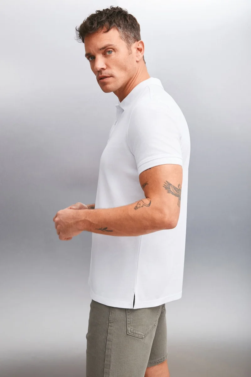 GRIMELANGE Foret Men's 100% Cotton Short Sleeve Regular Fit White Polo Neck T-Shirt
