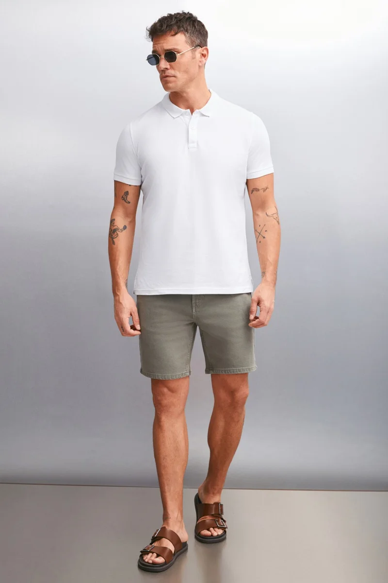 GRIMELANGE Foret Men's 100% Cotton Short Sleeve Regular Fit White Polo Neck T-Shirt